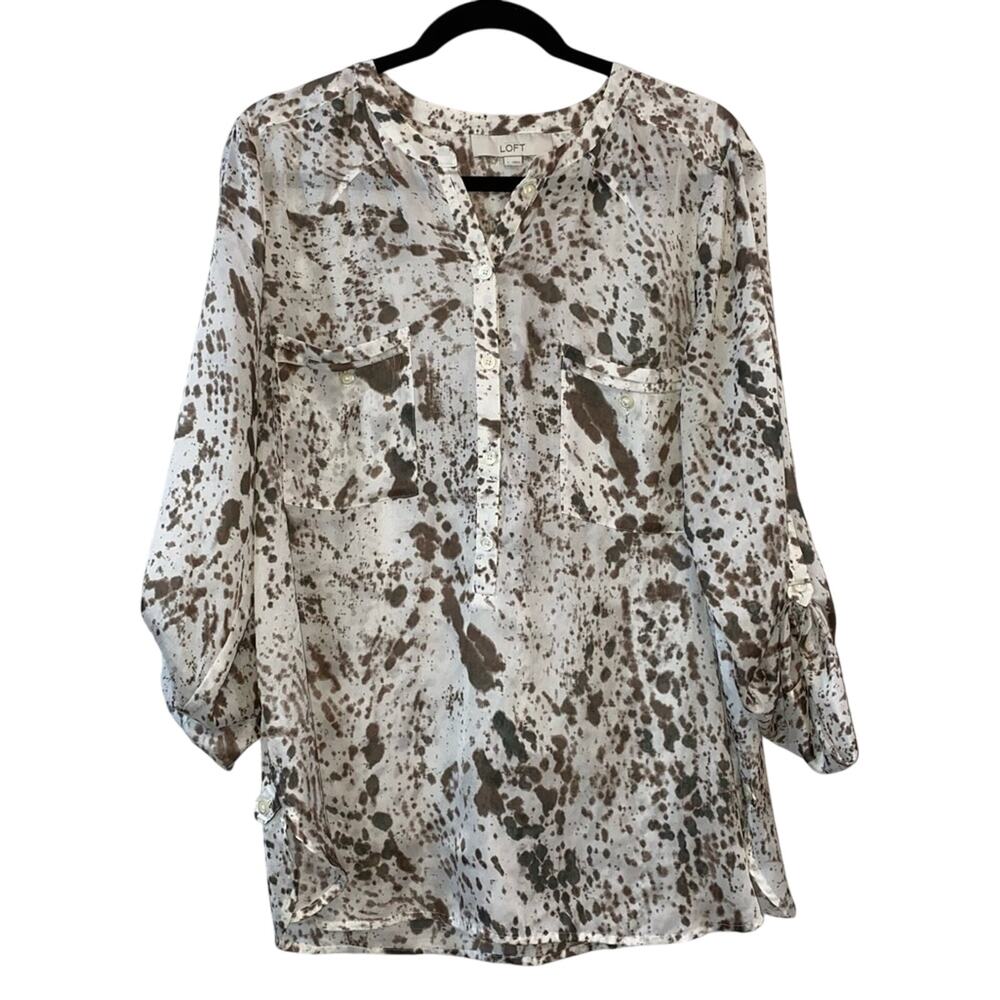 LOFT Blouse Large Splatter Print‎ Quarter Button Tab Sleeve Lightweight Top